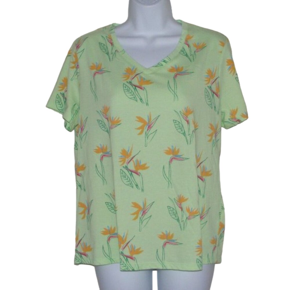 FRESH PRODUCE T-shirt, L, V-neck, Green floral, Short sleeves, Bird of Paradise